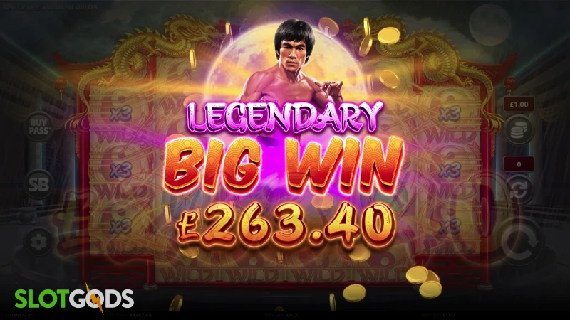 A screenshot of a huge win in Bruce Lee Kung Fu Wilds slot