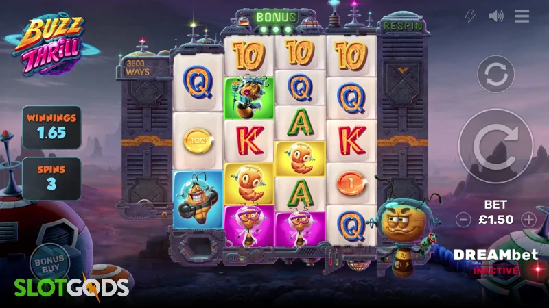 A screenshot of Buzz Thrills slot feature gameplay