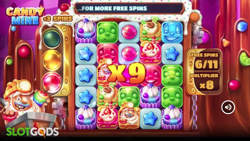 A screenshot of Candy Mine slot bonus gameplay