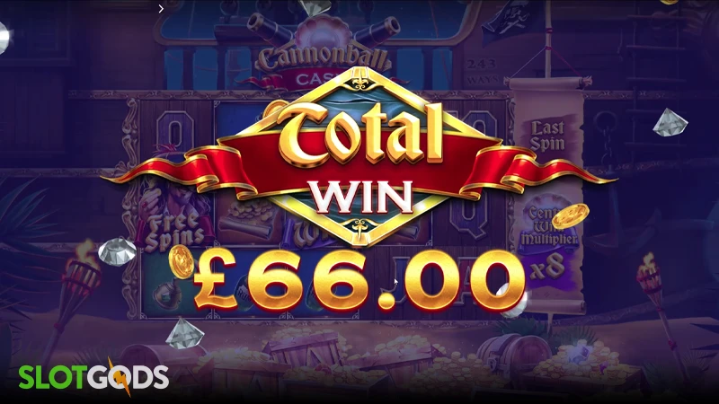 A screenshot of a big win in Cannonball Cash Slot
