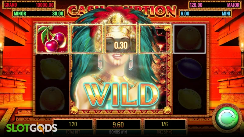 A screenshot of Cash Eruption slot feature gameplay