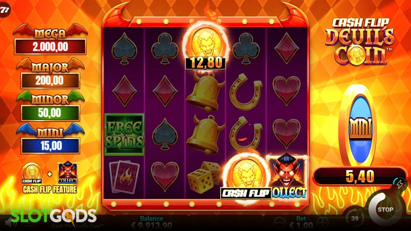 A screenshot of Cash Flip Devils Coin slot coin flip feature