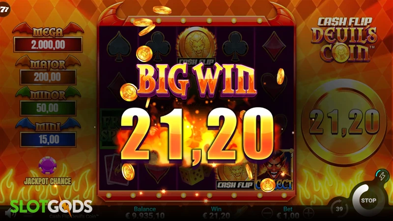 A screenshot of a big win in Cash Flip Devils Coin