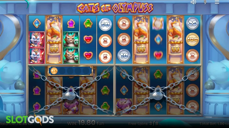 A screenshot of Cats of Olympus slot gameplay