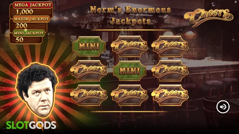 A screenshot of Norm's Enormous Jackpots feature on Cheers slot