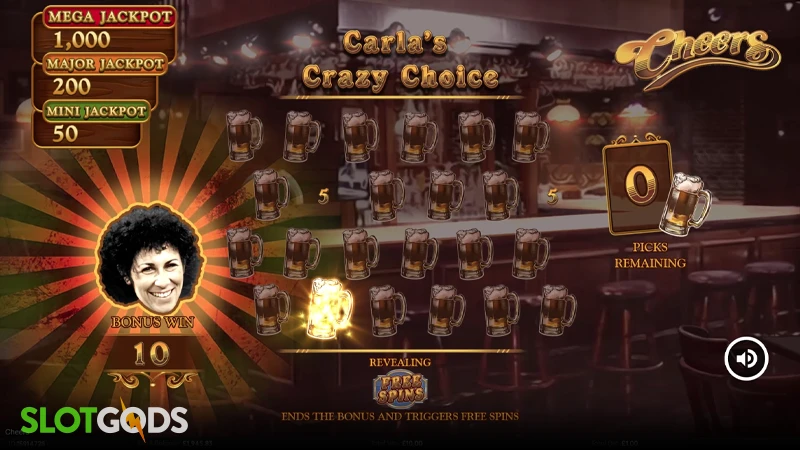 A screenshot of Carla’s Crazy Choice feature in Cheers slot