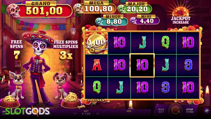 A screenshot of Day of the Dinero slot gameplay