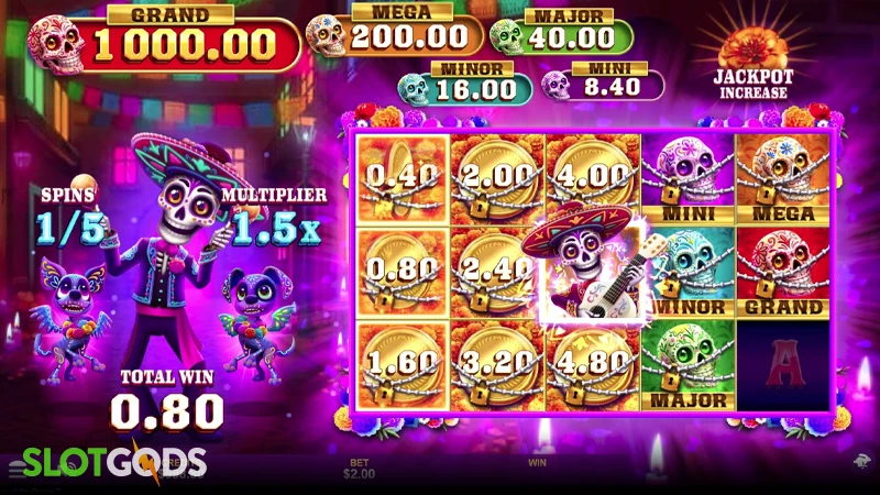 A screenshot of Day of the Dinero slot feature gameplay