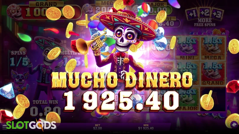 A screenshot of Day of the Dinero slot big win