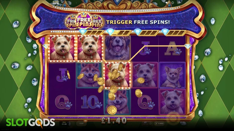 A screenshot of Diamond Doggies slot gameplay