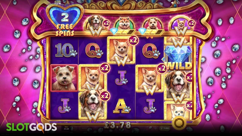 A screenshot of Diamond Doggies slot free spins gameplay