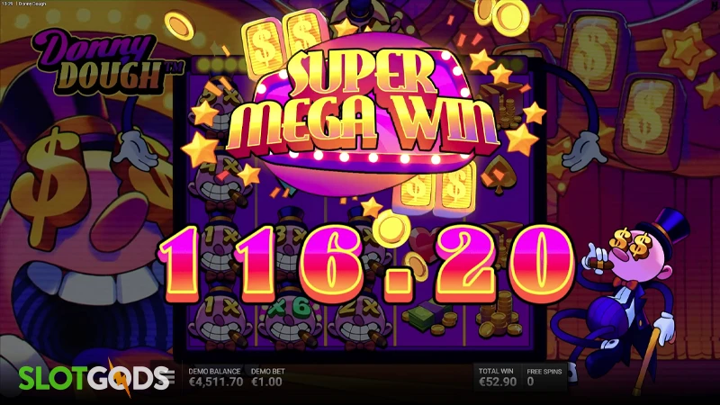 A screenshot of a big win in Donny Dough slot