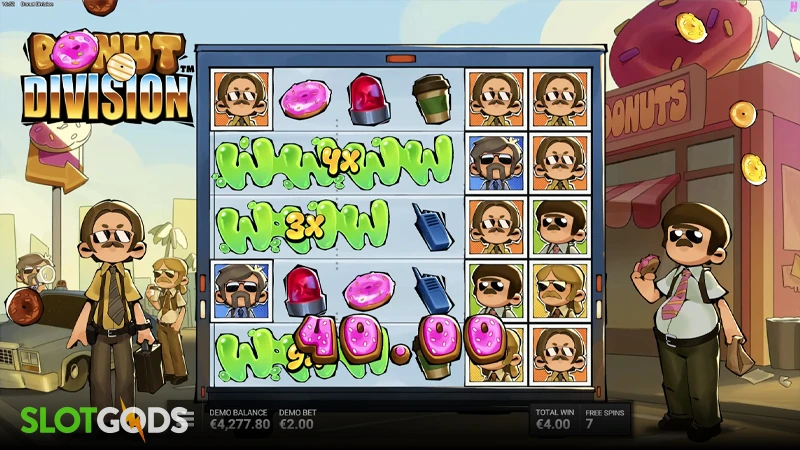 A screenshot of Donut Division slot feature gameplay