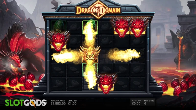 A screenshot of Dragon's Domain slot feature gameplay