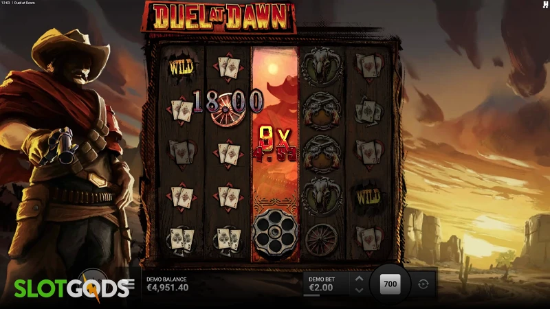 A screenshot of Duel at Dawn slot gameplay