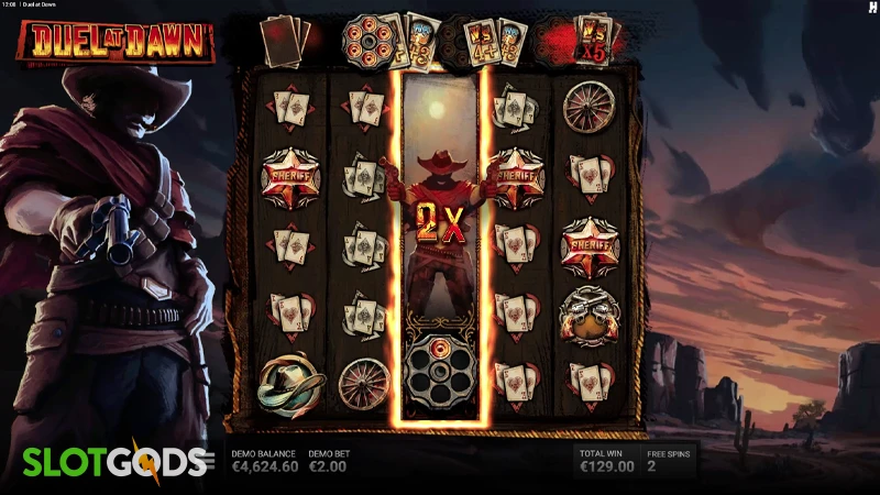 A screenshot of Duel at Dawn slot feature gameplay