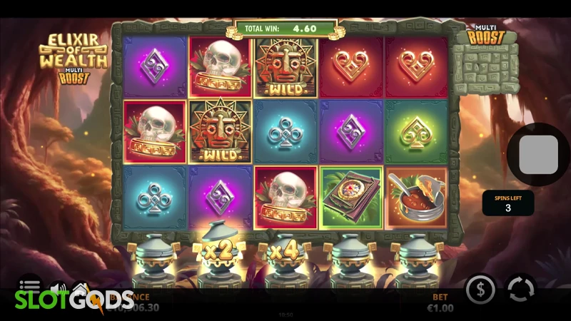 A screenshot of Elixir of Wealth slot free spins gameplay