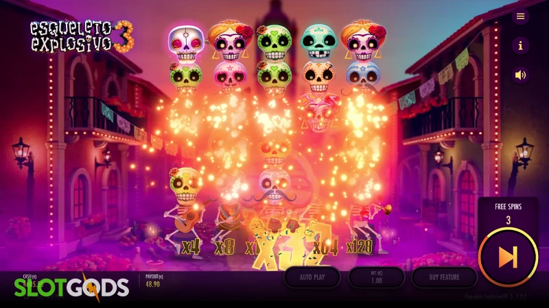 A screenshot of Esqueleto Explosivo 3 slot feature gameplay