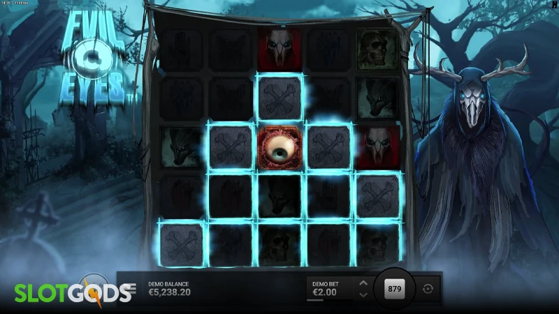 A screenshot of Evil Eyes slot gameplay