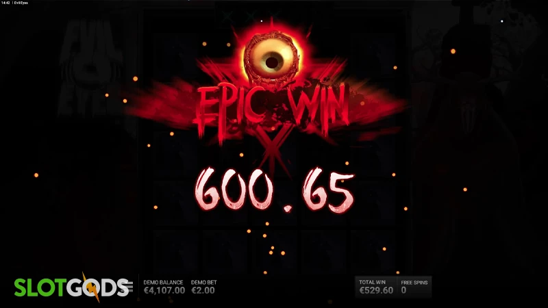 A screenshot of a massive win in Evil Eyes