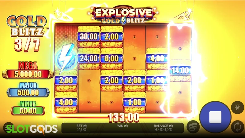 A screenshot of Explosive Gold Blitz slot feature gameplay