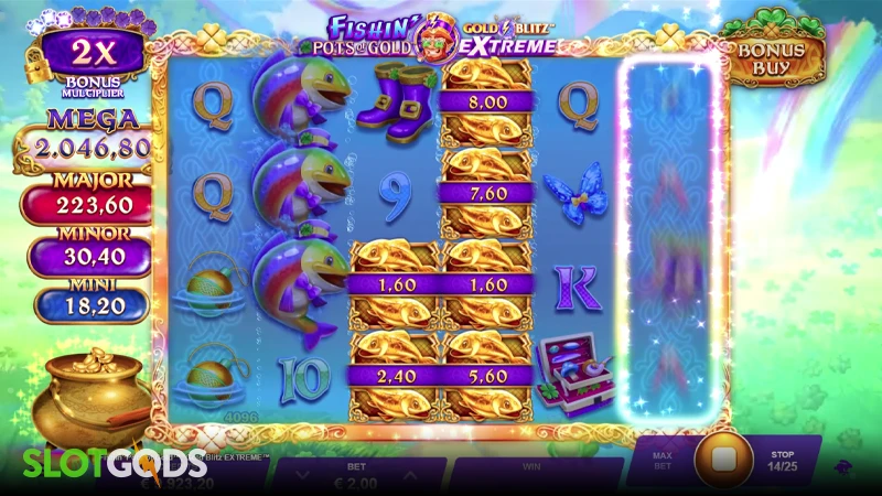 A screenshot of Fishin' Pots of Gold: Gold Blitz Extreme slot gameplay