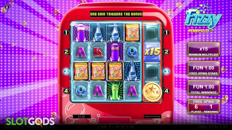 A screenshot of Fizzy Pennyslot free spins gameplay