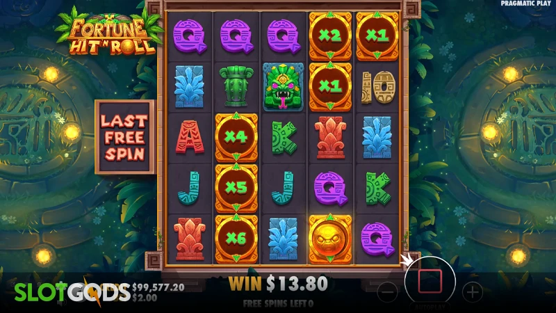 A screenshot of Fortune Hit'n Roll slot feature gameplay