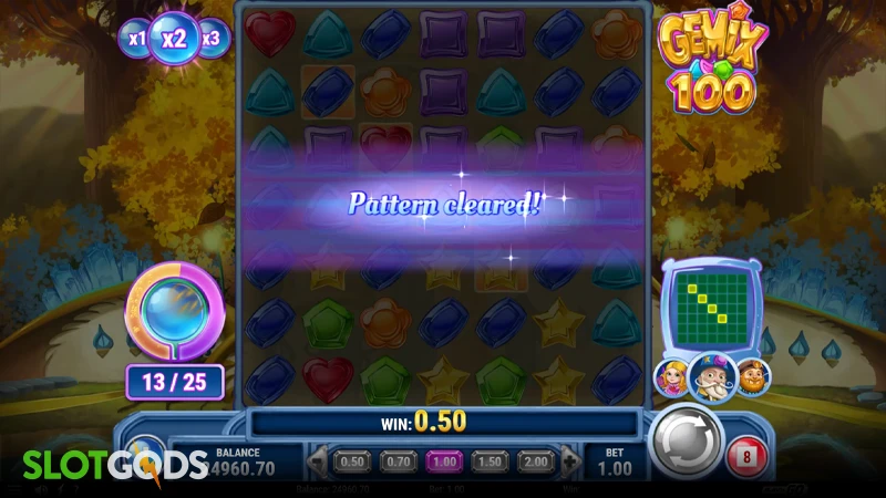 A screenshot of Gemix 100 slot feature gameplay