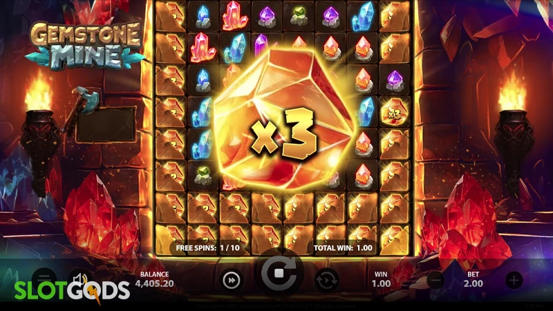 A screenshot of Gemstone Mine slot by Stakelogic free spins gameplay