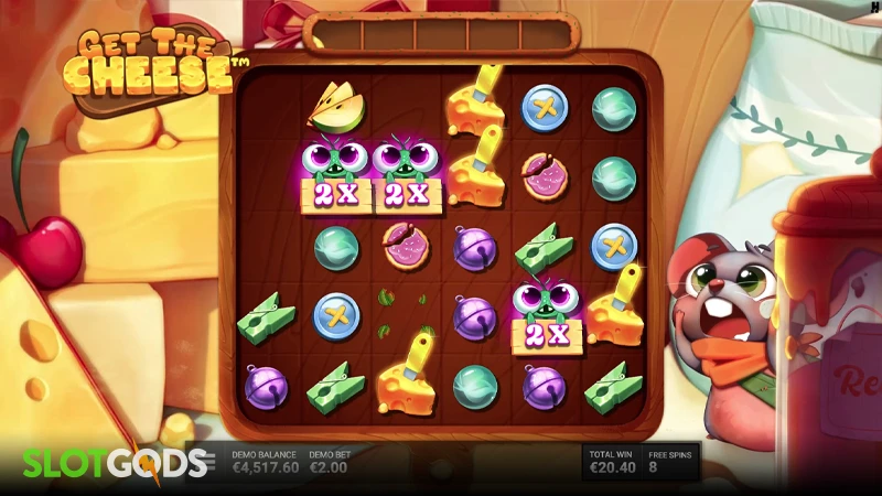 A screenshot of Get the Cheese slot feature gameplay