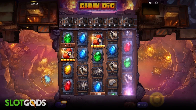 A screenshot of Glow Dig slot by Max Win Gaming gameplay