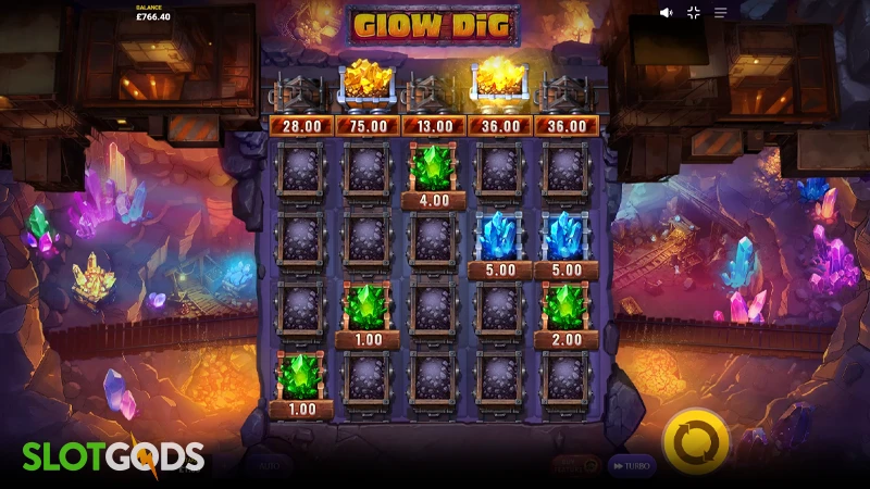 A screenshot of Glow Dig slot by Max Win Gaming bonus feature