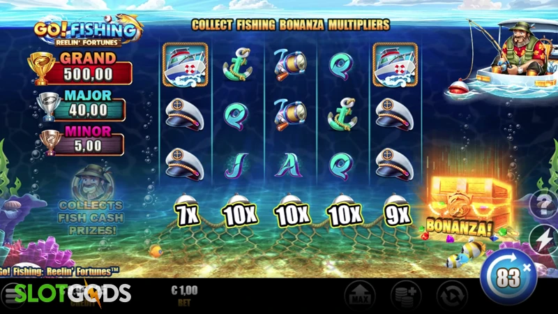 A screenshot of Go Fishing Reelin' Fortunes slot gameplay