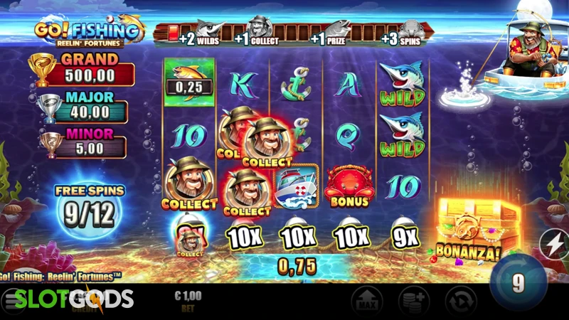 A screenshot of Go Fishing Reelin' Fortunes slot bonus gameplay