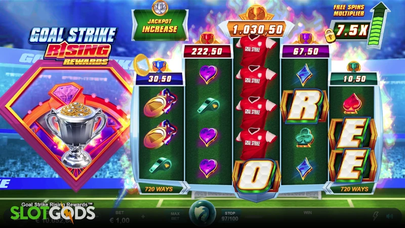 A screenshot of Goal Strike Rising Rewards slot gameplay