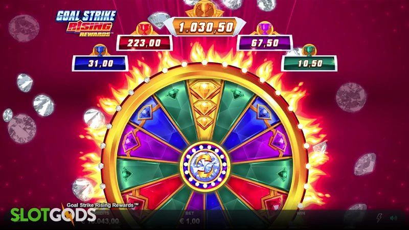A screenshot of Goal Strike Rising Rewards slot wheel gameplay