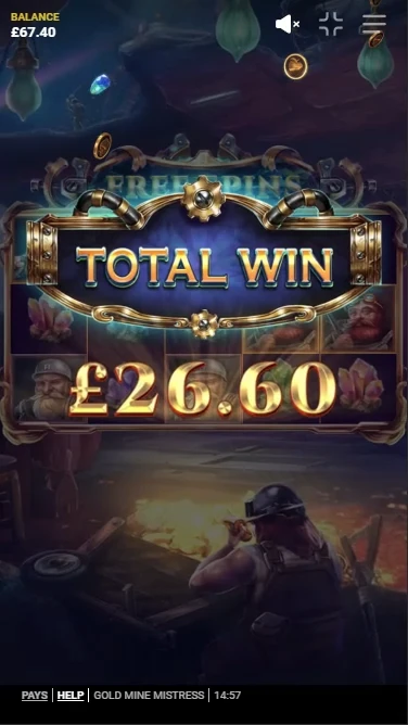 A screenshot demonstrating Gold Mine Mistress's win potential