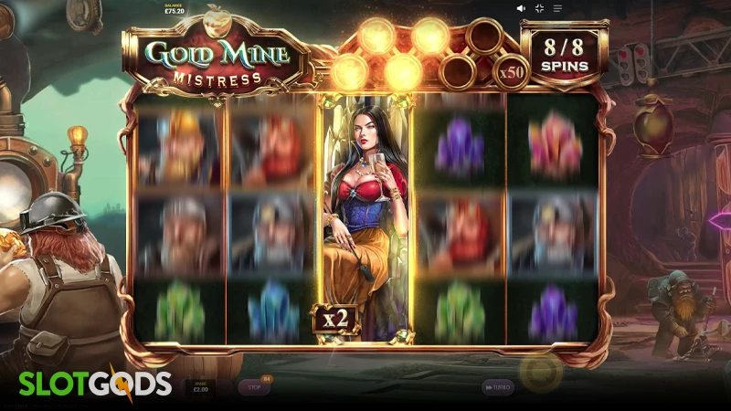 A screenshot of Gold Mine Mistress slot gameplay