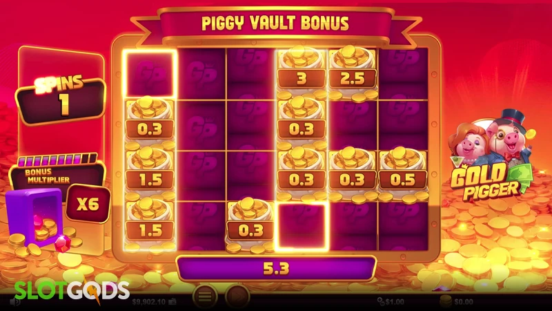 A screenshot of Gold Pigger slot feature gameplay