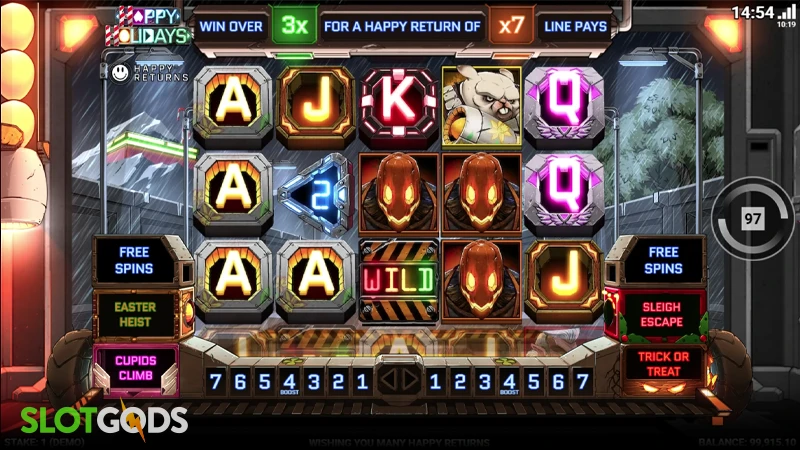 A screenshot of Happy Holidays slot gameplay