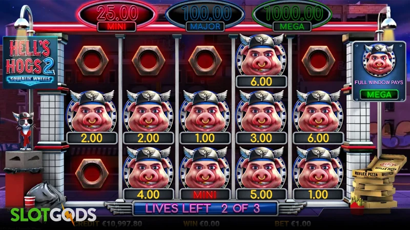 A screenshot of Hell's Hogs 2 slot bonus round gameplay