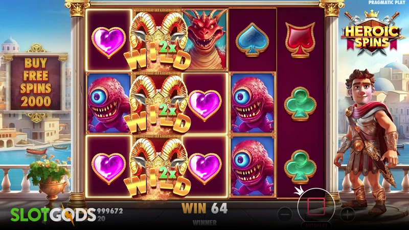 A screenshot of Heroic Spins slot gameplay