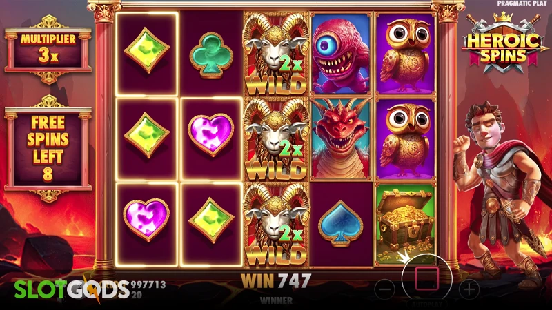 A screenshot of Heroic Spins slot bonus round