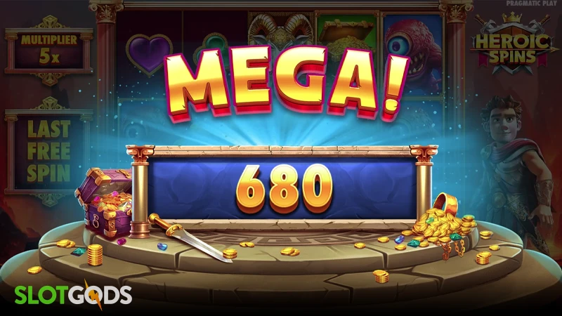 A screenshot of a big win in Heroic Spins slot