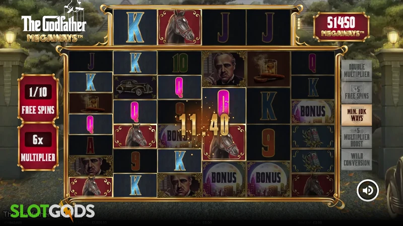 A screenshot of The Godfather Megaways slot feature gameplay