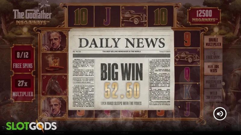 A screenshot of a big win in The Godfather Megaways slot