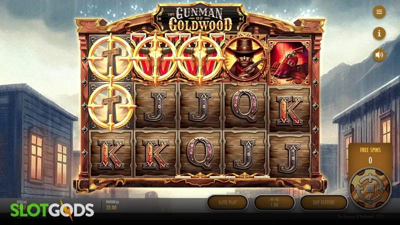 A screenshot of The Gunman of Goldwood slot feature gameplay