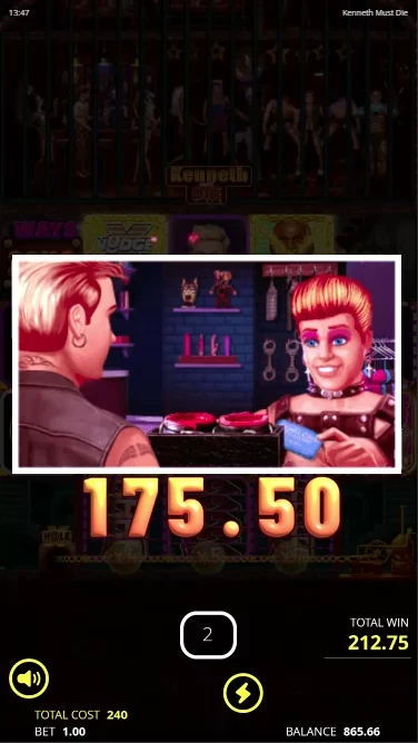 A screenshot showing a big win on Kenneth Must Die slot