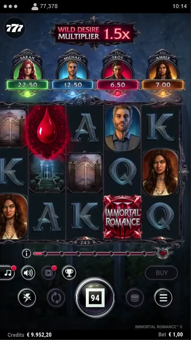 A screenshot of Immortal Romance 2 slot gameplay